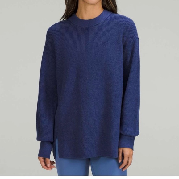 Lululemon Merino Wool Blend Ribbed Crewneck Sweater Blue Size 8 Oversized - Picture 2 of 9